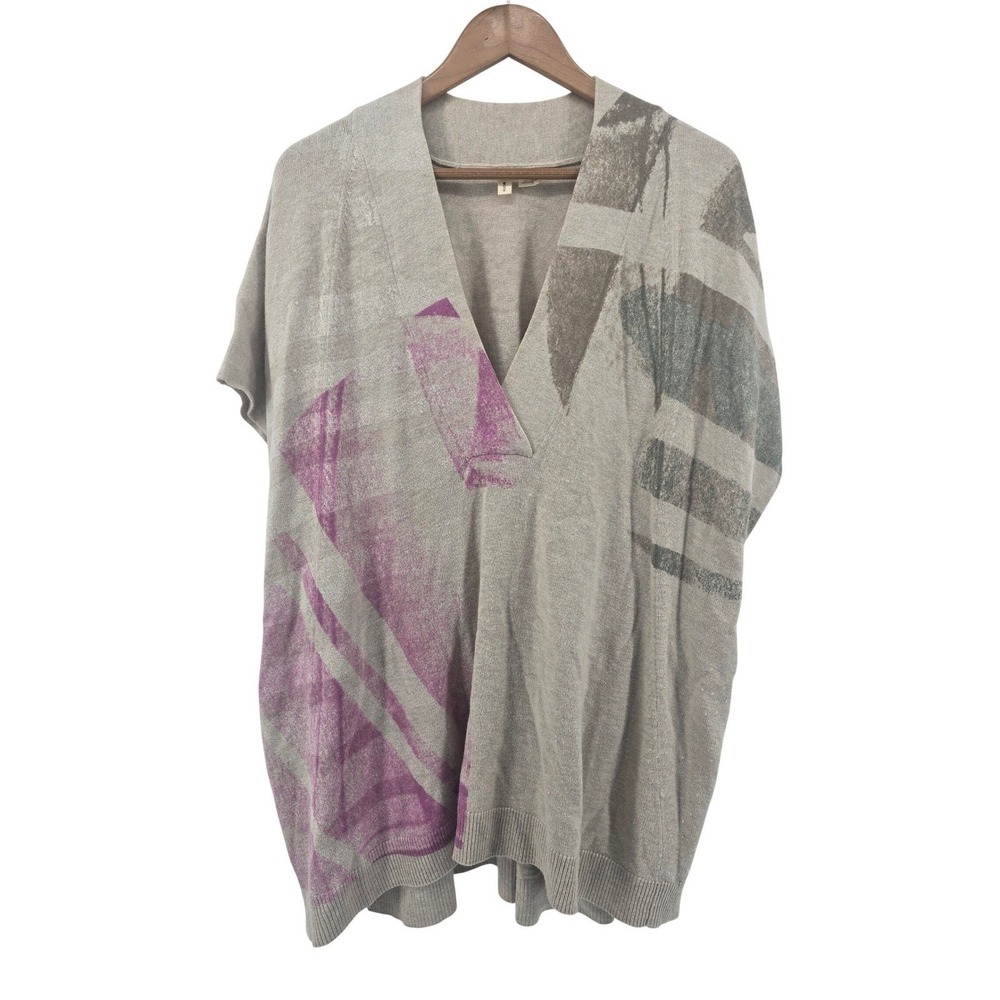Moth Sweater Poncho Womens M Gray Purple Abstract V-Neck Cashmere Wool‎ Blend
